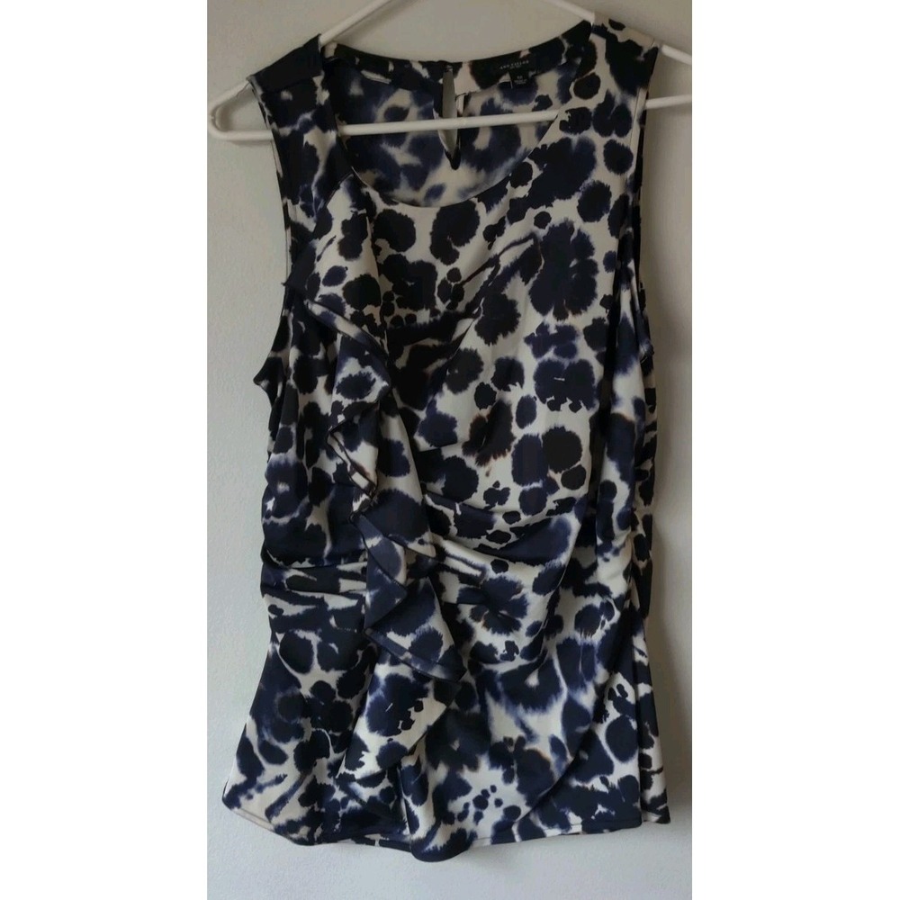 Ann Taylor Scoop Neck Ruffle Sleeveless Blouse Side Zip Paint Splat Print Sz 12